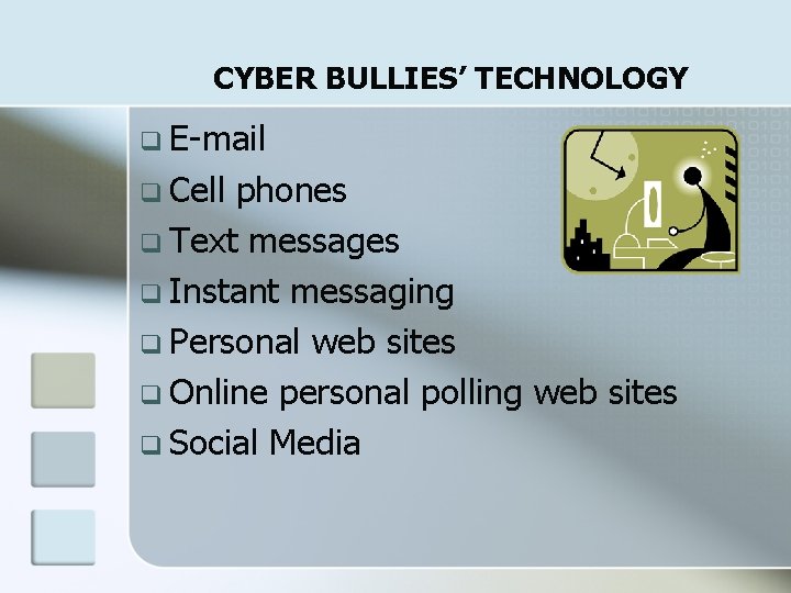 CYBER BULLIES’ TECHNOLOGY q E-mail q Cell phones q Text messages q Instant messaging