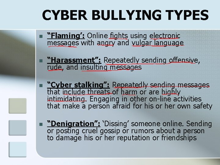 CYBER BULLYING TYPES n “Flaming’: Online fights using electronic messages with angry and vulgar