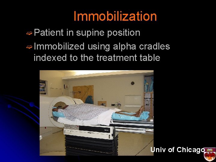 Immobilization ➫ Patient in supine position ➫ Immobilized using alpha cradles indexed to the