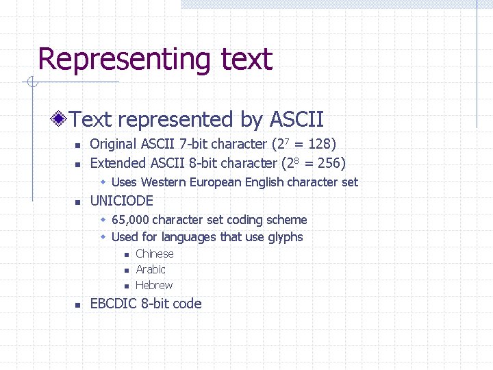 Representing text Text represented by ASCII n n Original ASCII 7 -bit character (27