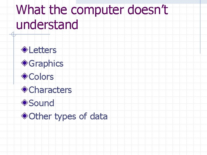 What the computer doesn’t understand Letters Graphics Colors Characters Sound Other types of data