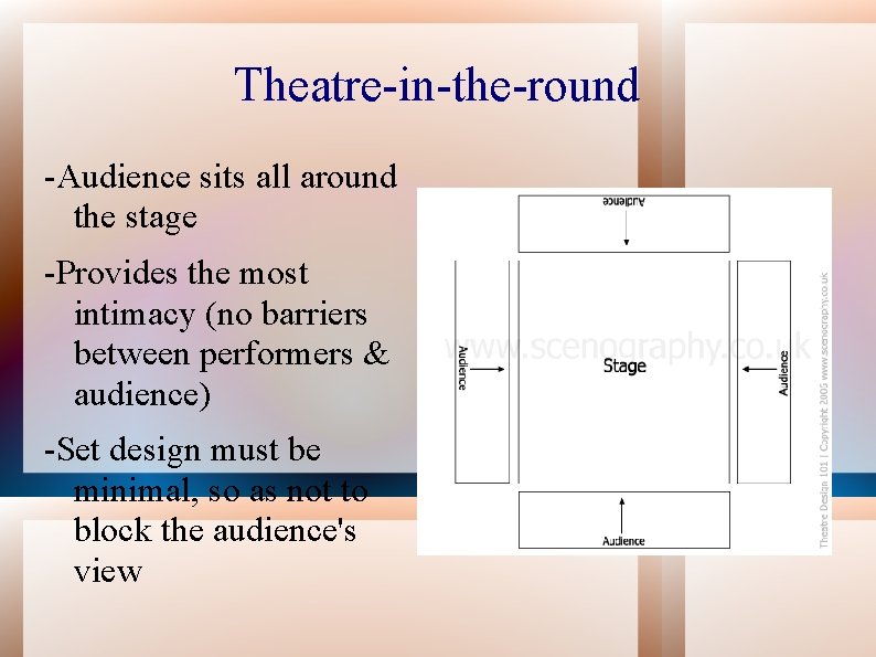 Theatre-in-the-round -Audience sits all around the stage -Provides the most intimacy (no barriers between