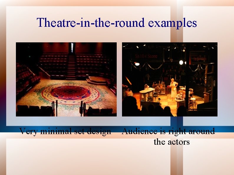Theatre-in-the-round examples Very minimal set design Audience is right around the actors 