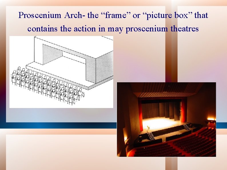 Proscenium Arch- the “frame” or “picture box” that contains the action in may proscenium