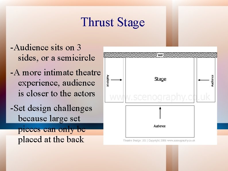 Thrust Stage -Audience sits on 3 sides, or a semicircle -A more intimate theatre
