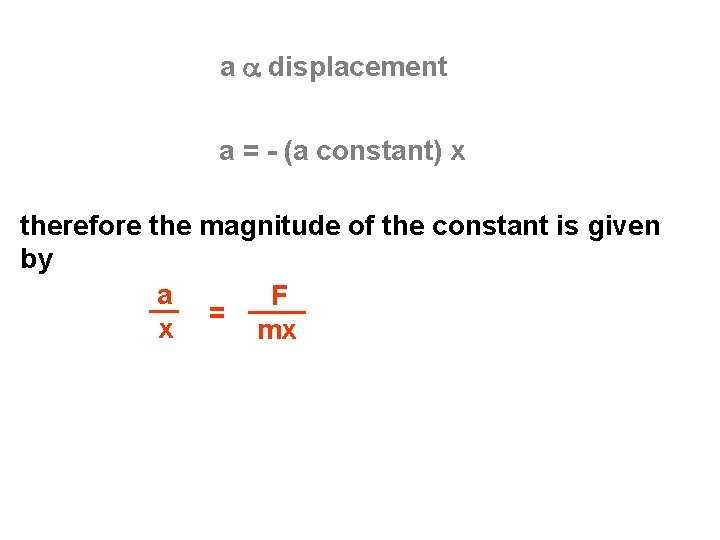 a a displacement a = - (a constant) x therefore the magnitude of the