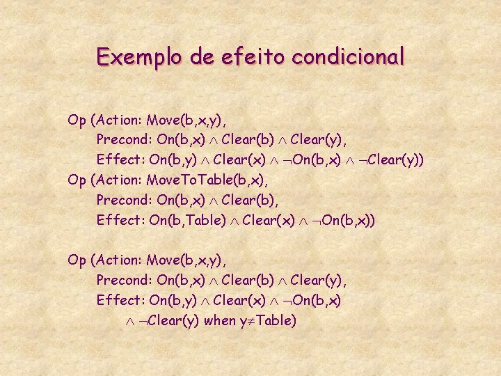 Exemplo de efeito condicional Op (Action: Move(b, x, y), Precond: On(b, x) Ù Clear(b)