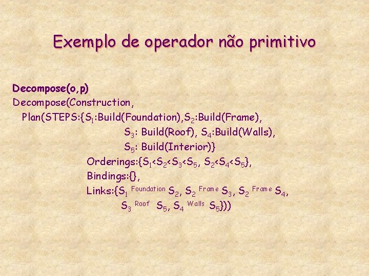 Exemplo de operador não primitivo Decompose(o, p) Decompose(Construction, Plan(STEPS: {S 1: Build(Foundation), S 2: