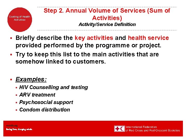 Costing of Health Activities Step 2. Annual Volume of Services (Sum of Activities) Activity/Service