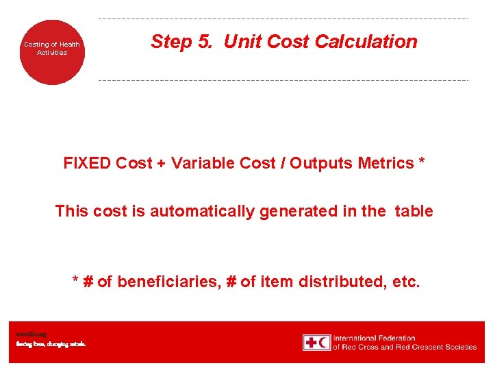 Costing of Health Activities Step 5. Unit Cost Calculation FIXED Cost + Variable Cost