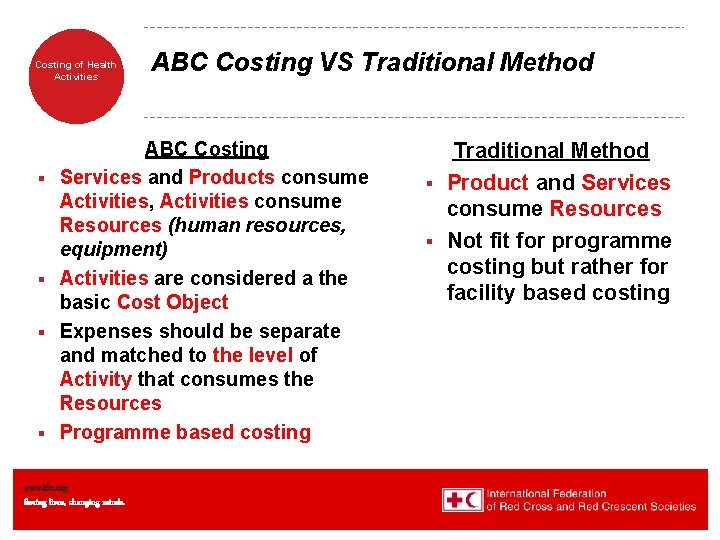 Costing of Health Activities § § ABC Costing VS Traditional Method ABC Costing Services