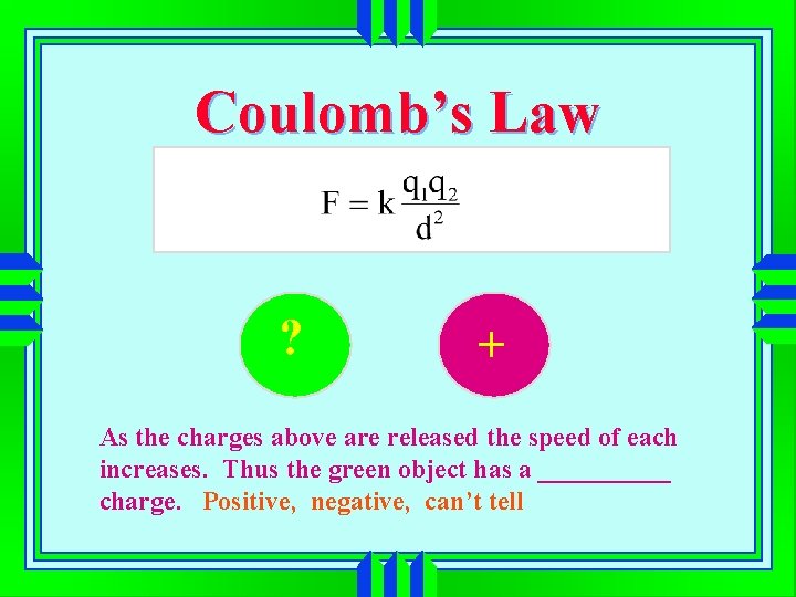 Coulomb’s Law ? + As the charges above are released the speed of each