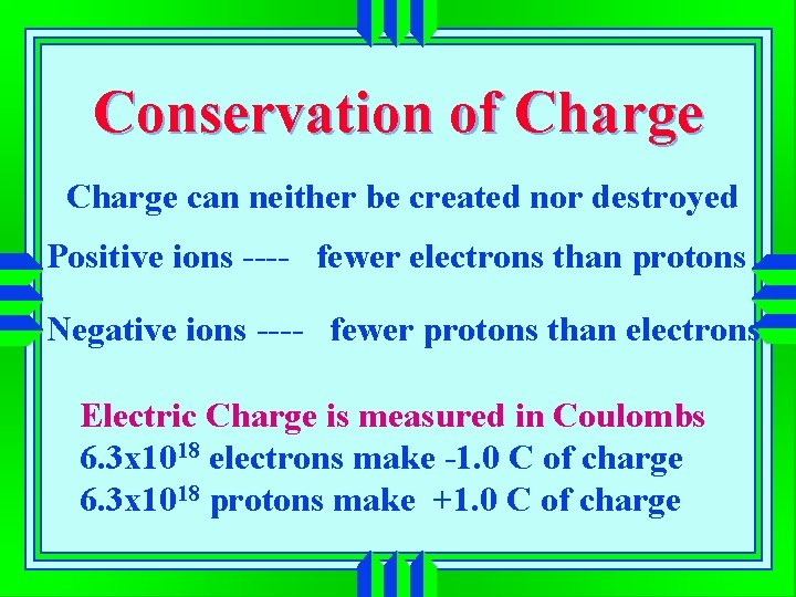 Conservation of Charge can neither be created nor destroyed Positive ions ---- fewer electrons