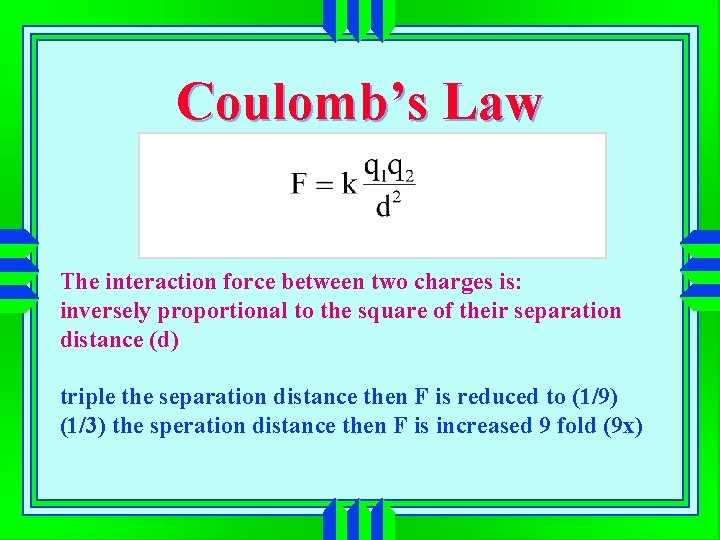 Coulomb’s Law The interaction force between two charges is: inversely proportional to the square