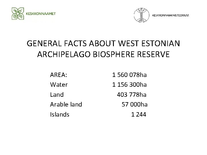 GENERAL FACTS ABOUT WEST ESTONIAN ARCHIPELAGO BIOSPHERE RESERVE AREA: Water Land Arable land Islands GENERAL FACTS ABOUT WEST ESTONIAN ARCHIPELAGO BIOSPHERE RESERVE AREA: Water Land Arable land Islands