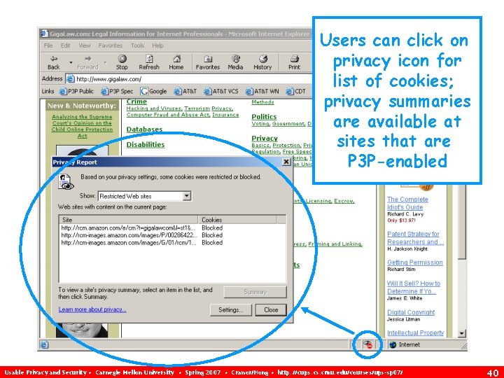 Users can click on privacy icon for list of cookies; privacy summaries are available