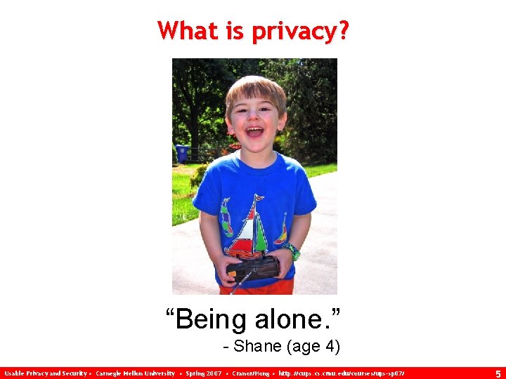 What is privacy? “Being alone. ” - Shane (age 4) Usable Privacy and Security