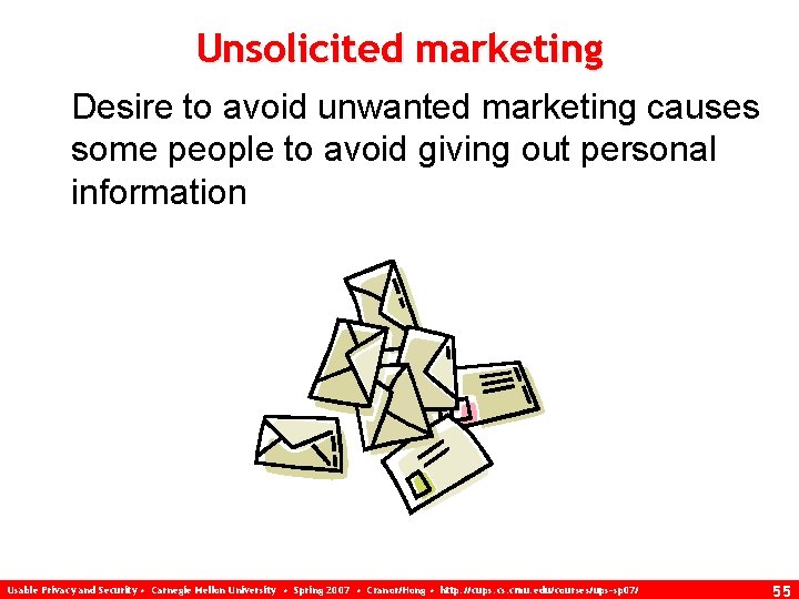 Unsolicited marketing Desire to avoid unwanted marketing causes some people to avoid giving out