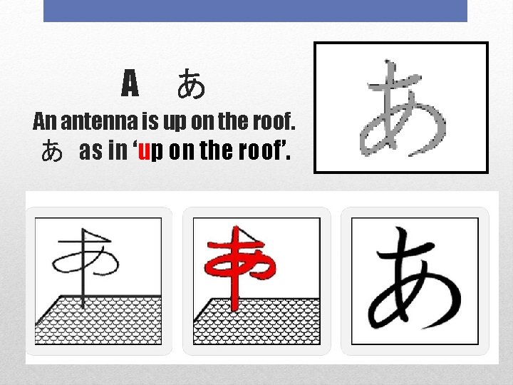 A あ An antenna is up on the roof. あ as in ‘up on