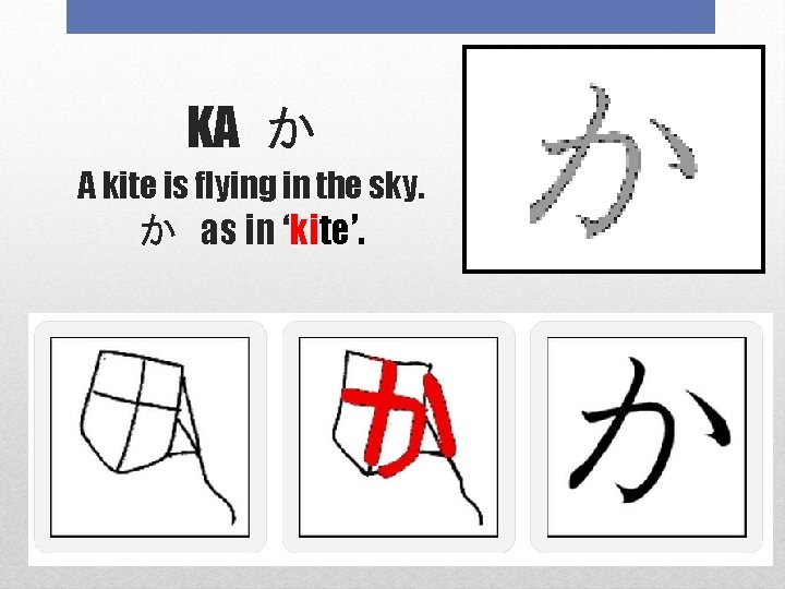 KA か A kite is flying in the sky. か as in ‘kite’. 