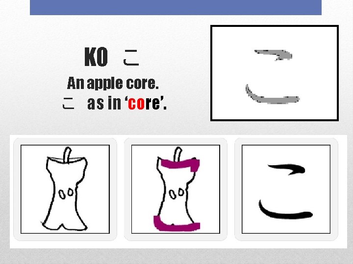 KO こ An apple core. こ as in ‘core’. 
