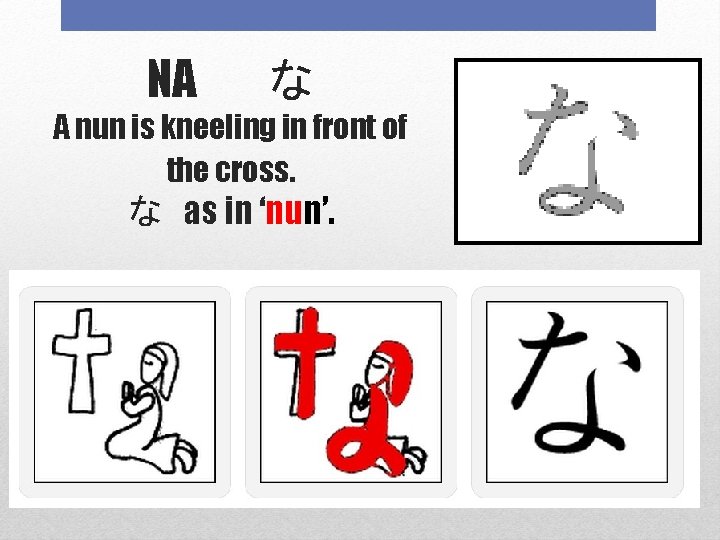 NA 　な A nun is kneeling in front of the cross. な as in