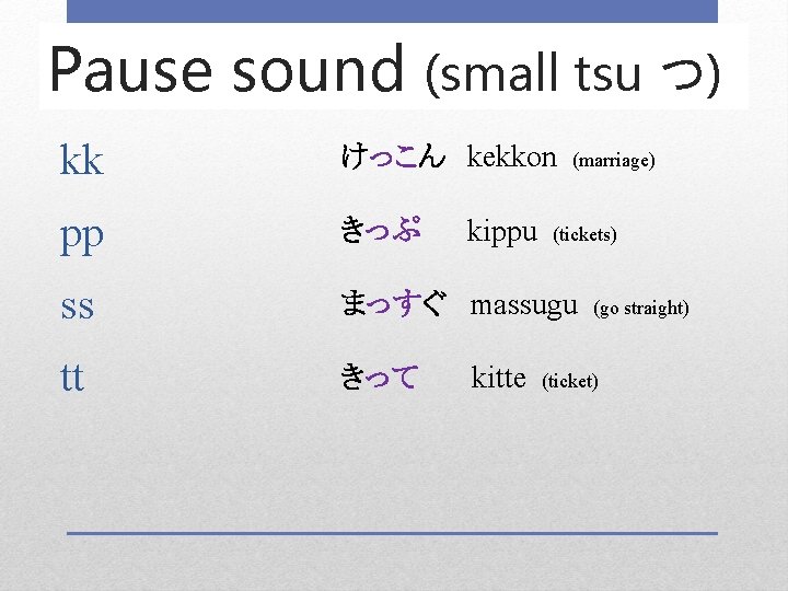 Pause sound (small tsu つ) kk けっこん　kekkon (marriage) pp きっぷ ss まっすぐ massugu (go
