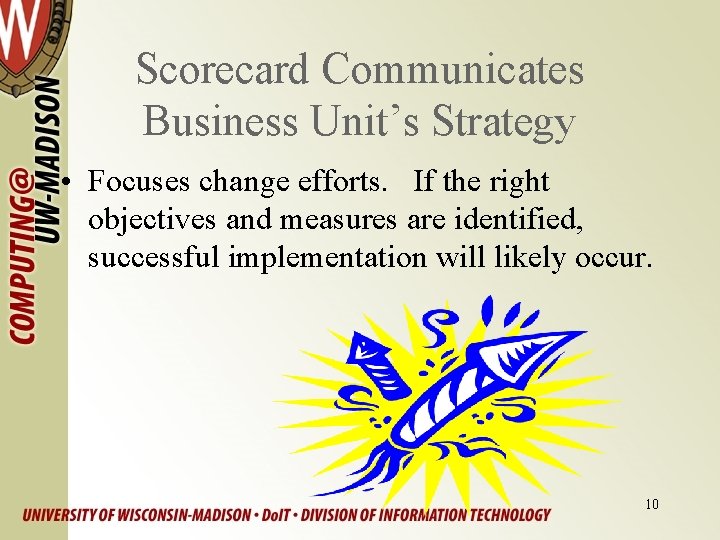 Scorecard Communicates Business Unit’s Strategy • Focuses change efforts. If the right objectives and