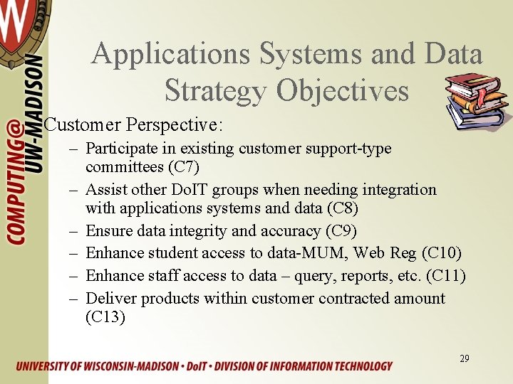 Applications Systems and Data Strategy Objectives Customer Perspective: – Participate in existing customer support-type