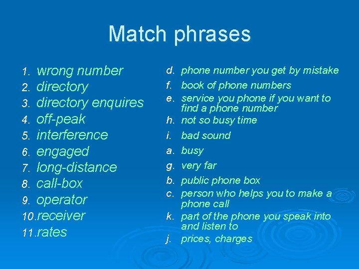 Match phrases 1. wrong number 2. directory 3. directory enquires 4. off-peak 5. interference