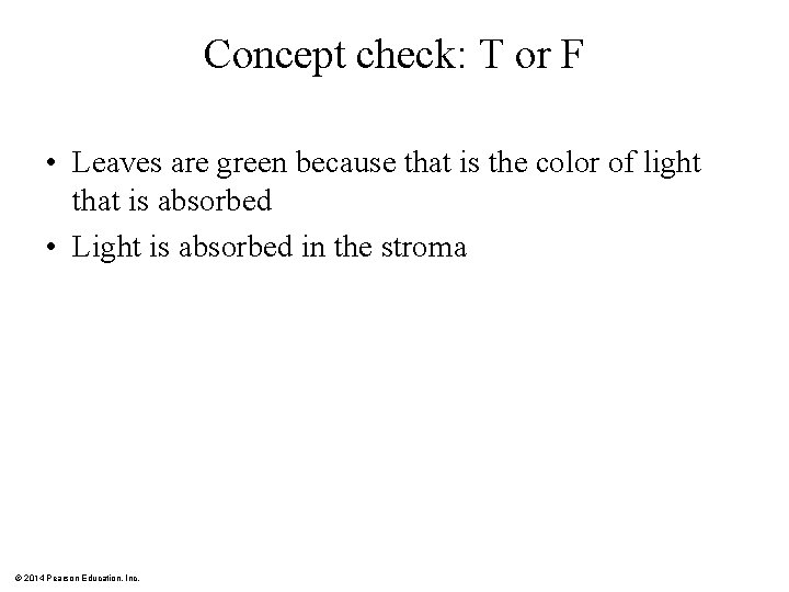 Concept check: T or F • Leaves are green because that is the color