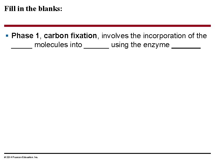 Fill in the blanks: § Phase 1, carbon fixation, involves the incorporation of the