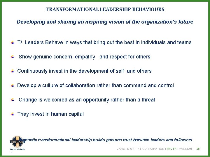 TRANSFORMATIONAL LEADERSHIP BEHAVIOURS Developing and sharing an inspiring vision of the organization’s future T/