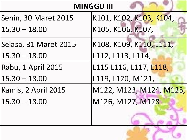 MINGGU III Senin, 30 Maret 2015 K 101, K 102, K 103, K 104,