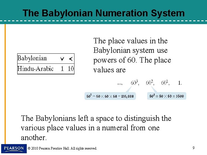 The Babylonian Numeration System The place values in the Babylonian system use powers of