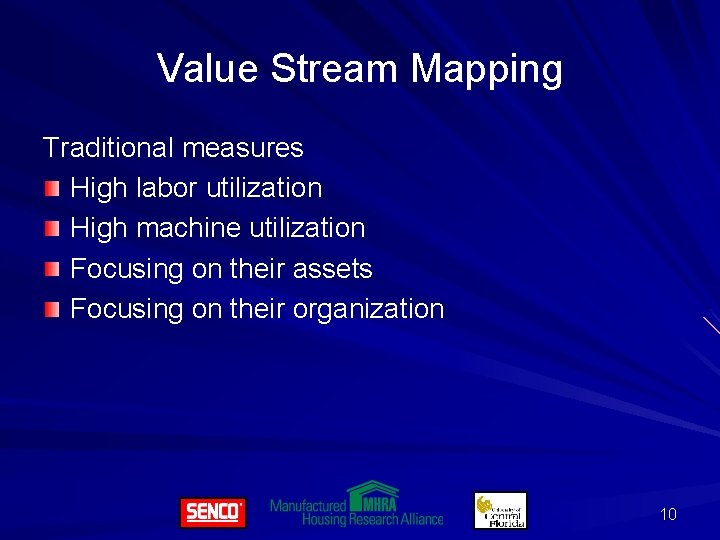 Value Stream Mapping Traditional measures High labor utilization High machine utilization Focusing on their