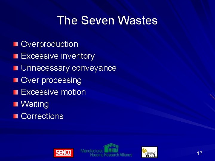 The Seven Wastes Overproduction Excessive inventory Unnecessary conveyance Over processing Excessive motion Waiting Corrections