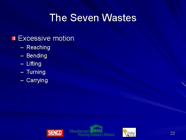 The Seven Wastes Excessive motion – – – Reaching Bending Lifting Turning Carrying 23