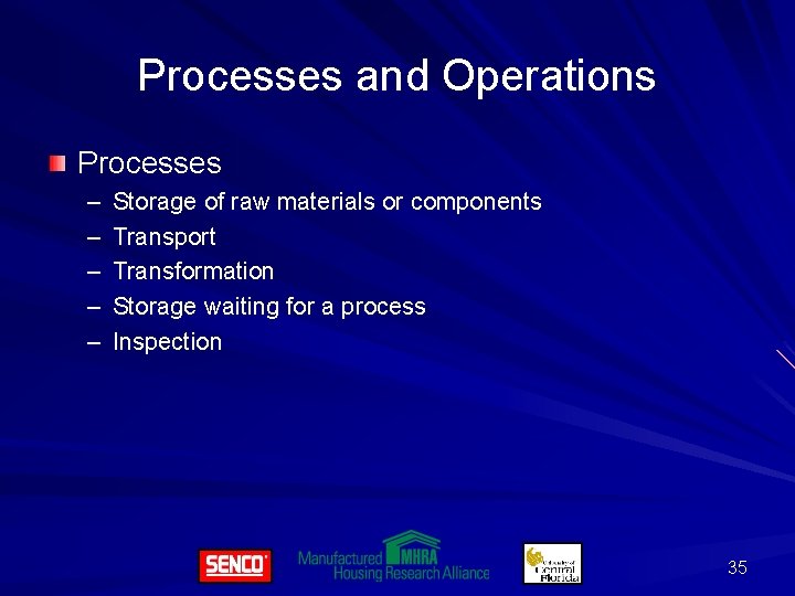Processes and Operations Processes – – – Storage of raw materials or components Transport