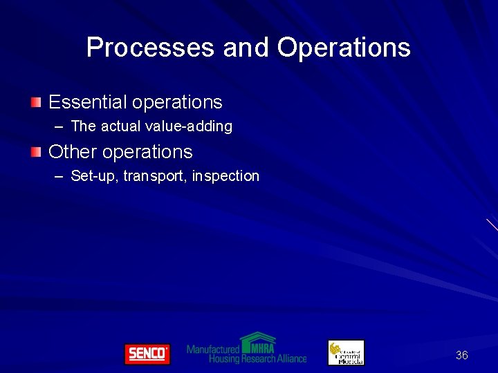 Processes and Operations Essential operations – The actual value-adding Other operations – Set-up, transport,