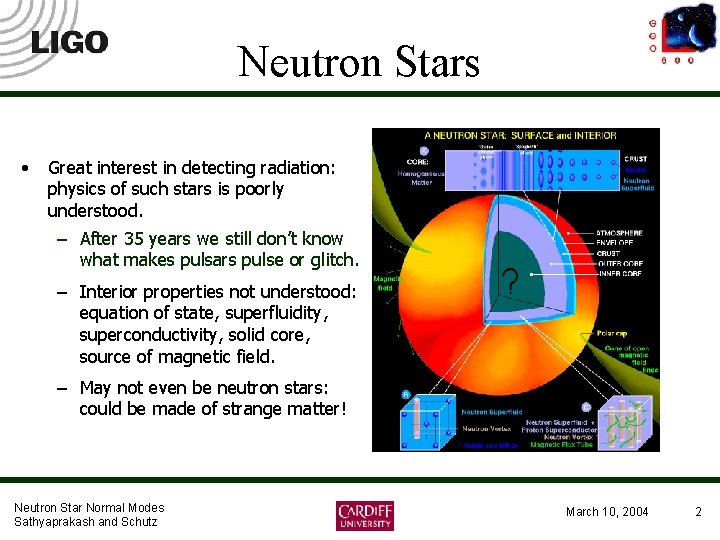 Neutron Stars • Great interest in detecting radiation: physics of such stars is poorly