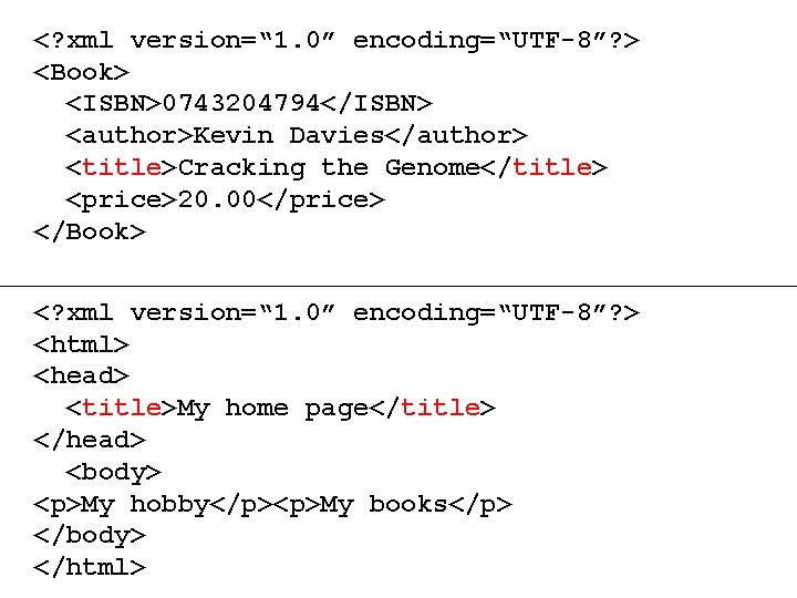 <? xml version=“ 1. 0” encoding=“UTF-8”? > <Book> <ISBN>0743204794</ISBN> <author>Kevin Davies</author> <title>Cracking the Genome</title>