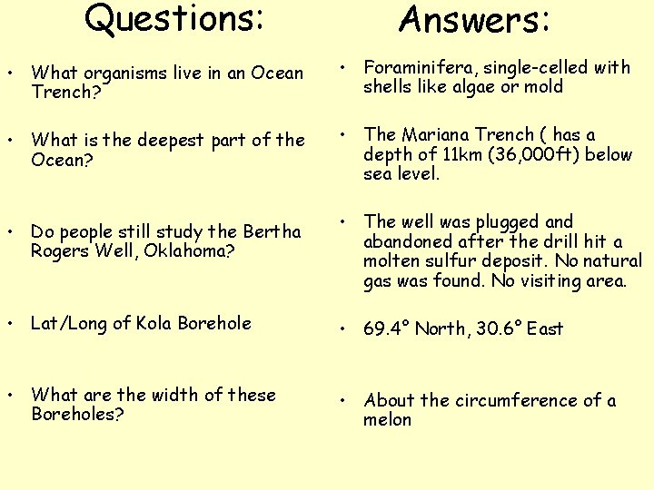 Questions: Answers: • What organisms live in an Ocean Trench? • Foraminifera, single-celled with