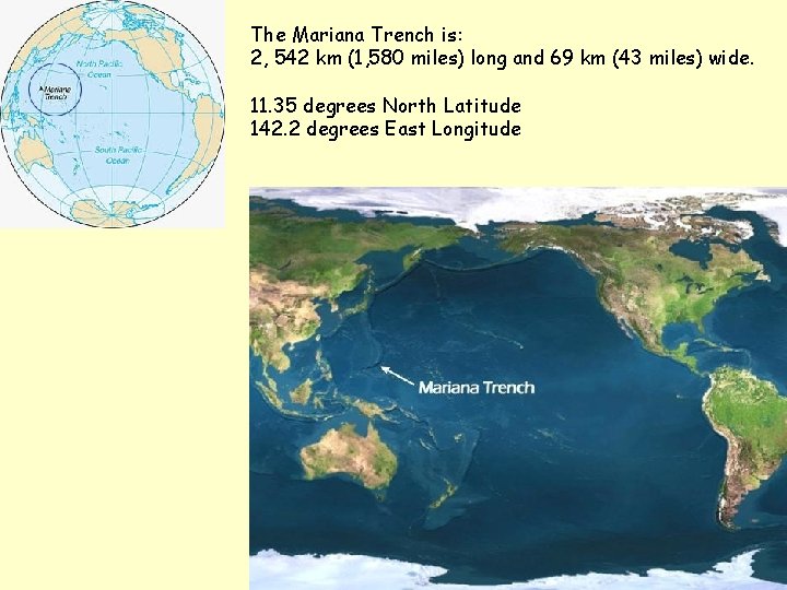 The Mariana Trench is: 2, 542 km (1, 580 miles) long and 69 km