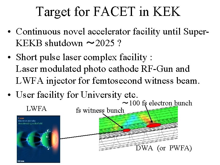 Target for FACET in KEK • Continuous novel accelerator facility until Super. KEKB shutdown