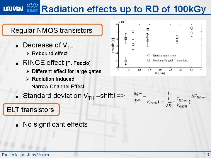 Radiation effects up to RD of 100 k. Gy Regular NMOS transistors = Decrease