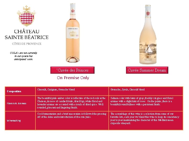 COLA’s are not currently in our system but anticipated soon. ‘Cuvée des Princes Cuvée