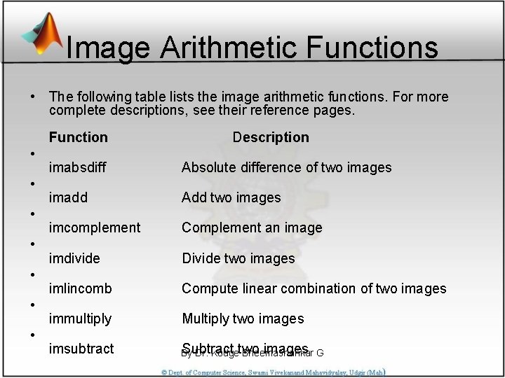 Image Arithmetic Functions • The following table lists the image arithmetic functions. For more