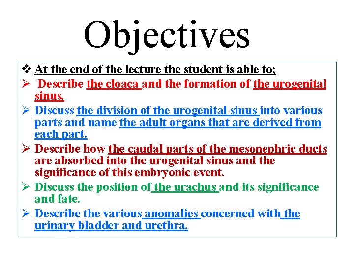 Objectives v At the end of the lecture the student is able to; Ø