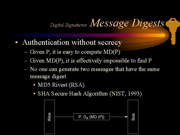 Digital Signatures Message Digests • Authentication without secrecy – Given P, it is easy